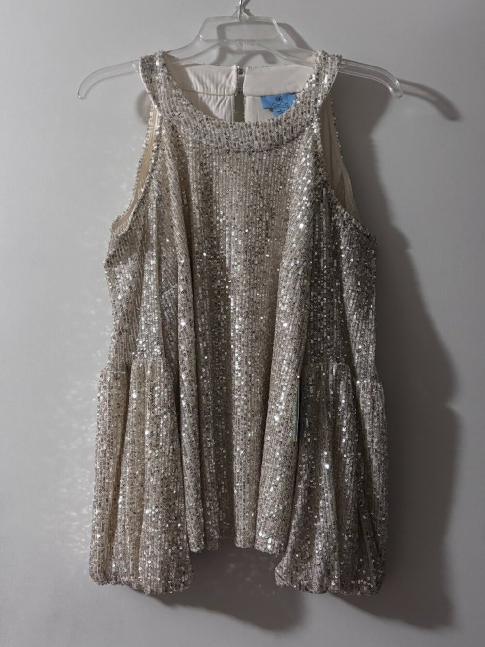 NWT CeCe Champagne Gold Shimmer Sequin Cold Shoulder Balloon Sleeve Blouse L